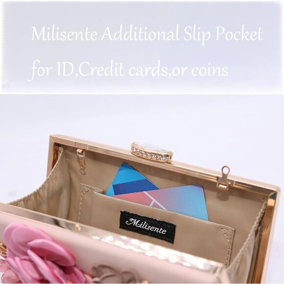 Women's Light Pink Flower Metal Leaves Evening Bride Wedding Floral Clutch Bag - Picture 6 of 9